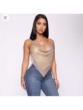 Fashion Nova Gold Sequin Halter Tie-Back Crop Top